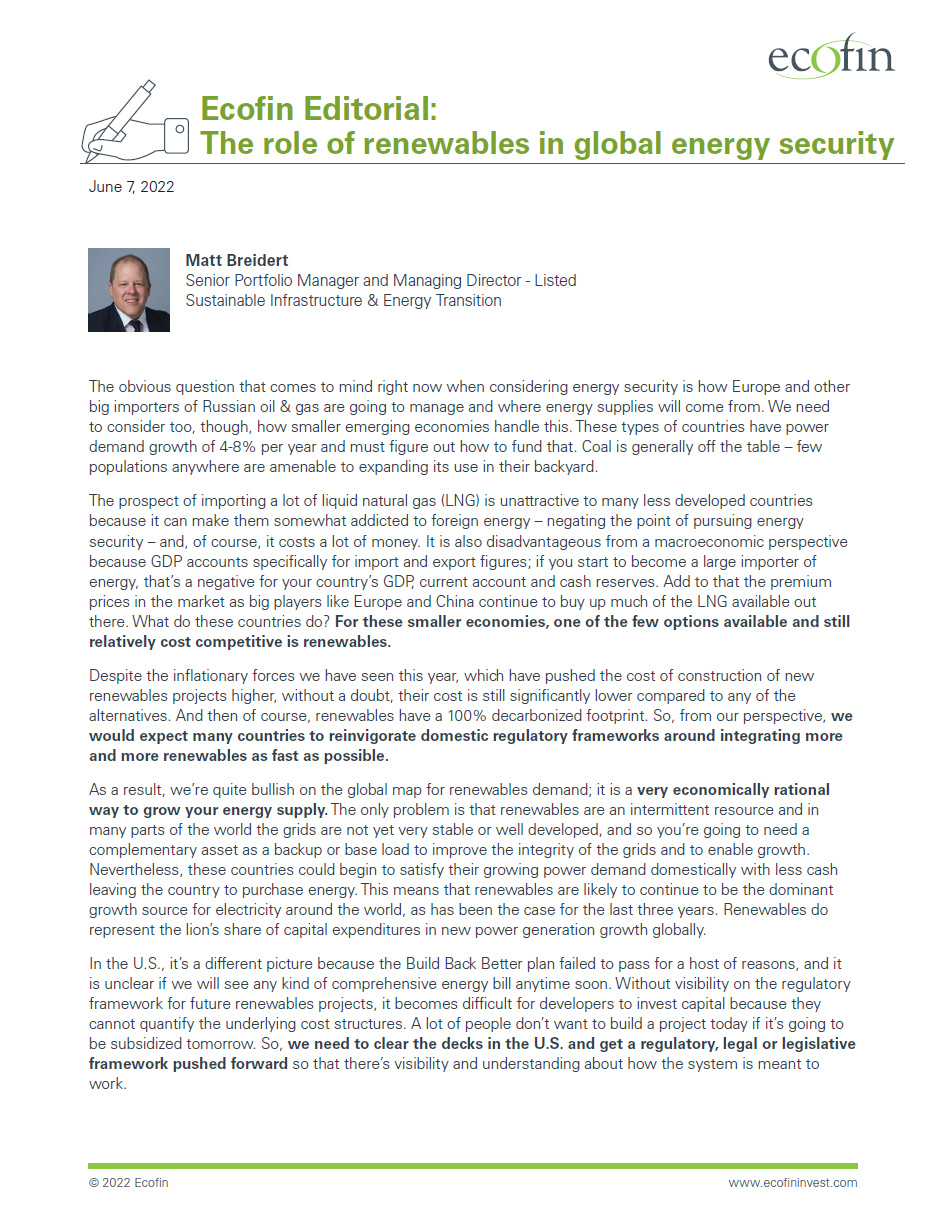 Ecofin Editorial: The role of renewables in global energy security
